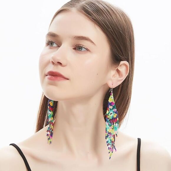 Flower Bohemian Seed Bead Tassel Dangling Statement French Wire Hook Earrings - Picture 6 of 6